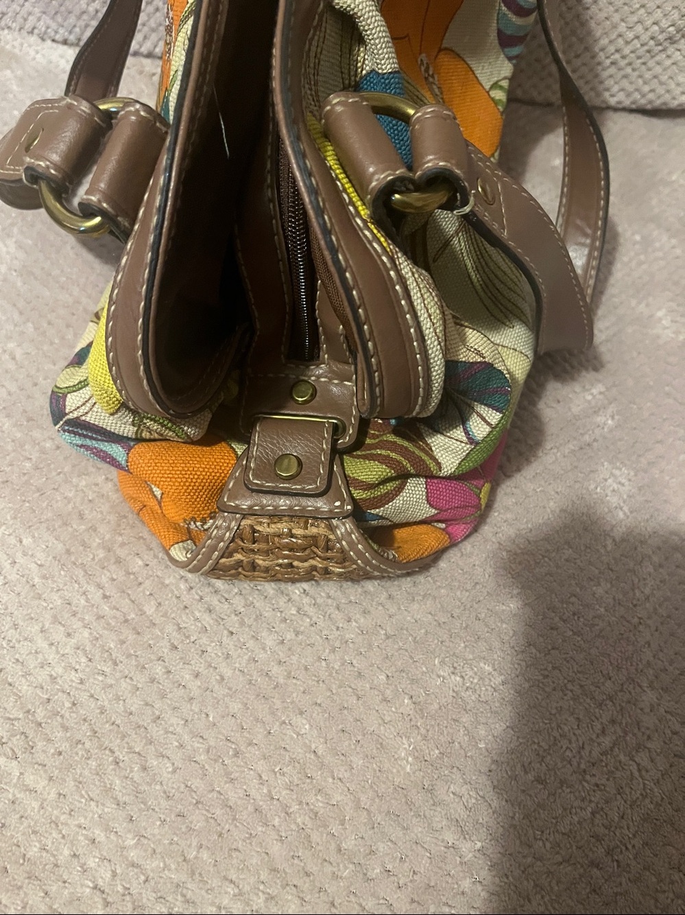 Floral Fossil Canvas Shoulder Bag with Brown Leather Handles - Picture 5 of 11
